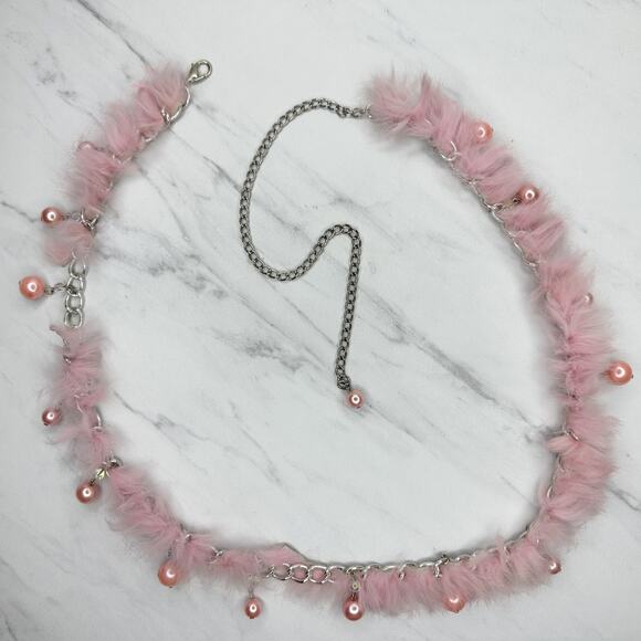 Beaded Fur Woven Silver Tone Chain Link Belt OS Y2K Festival - Picture 1 of 16